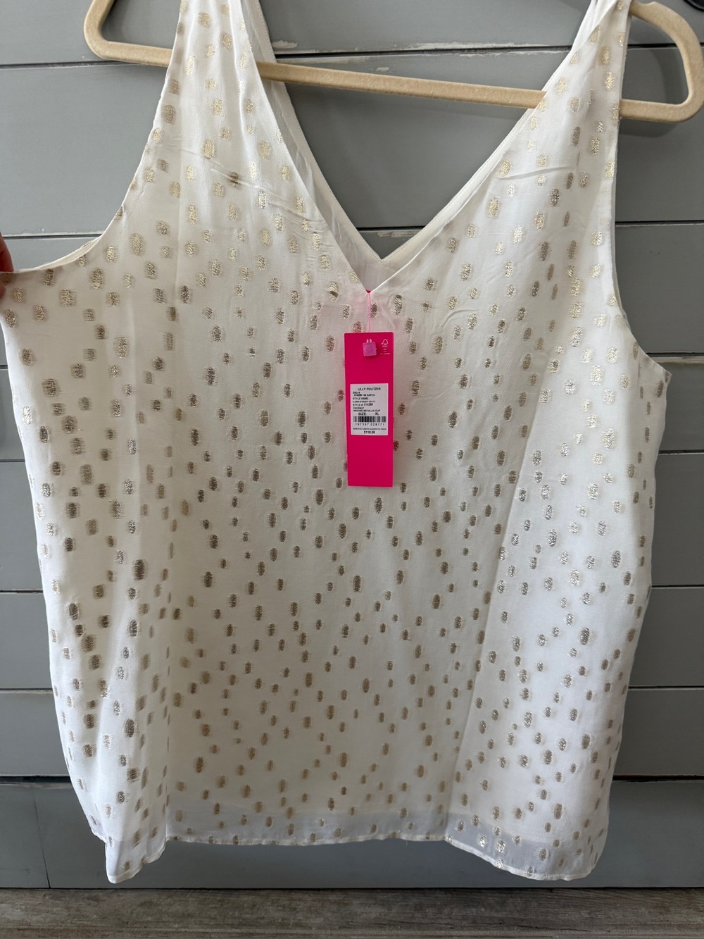 Lilly Pulitzer White V-Neck Florin Tank with Gold metallic Dot Detail- NWT XL
